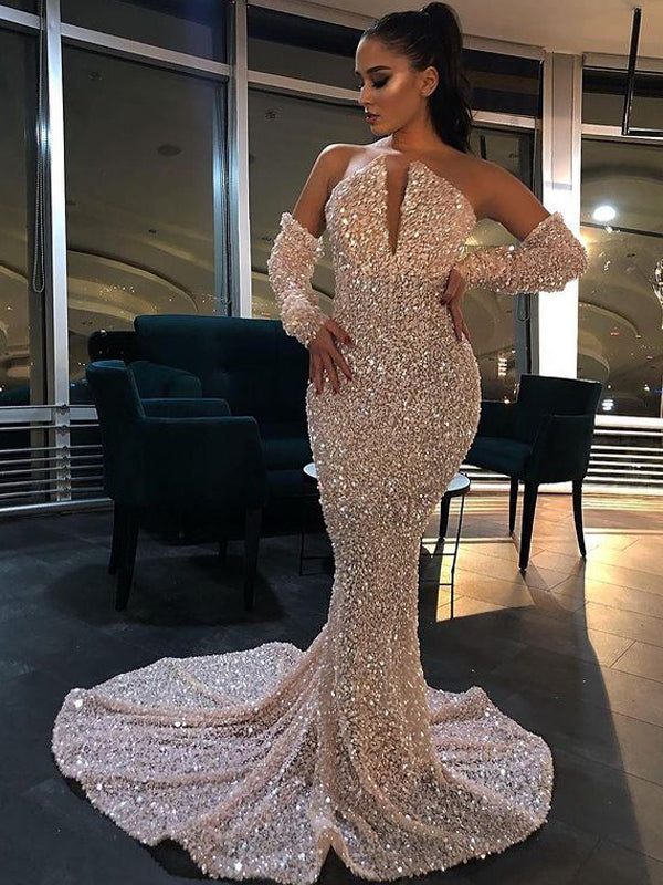 Sparkly Mermaid Long Sleeve Simple Sequin Long Prom Dresses, PDS0244