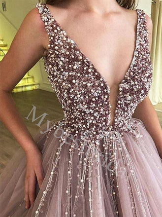 Elegant V-neck Sleeveless A-line Prom Dresses,PDS0919