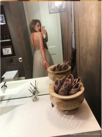 Sexy V-neck Side slit A-line Prom Dresses,PDS0929