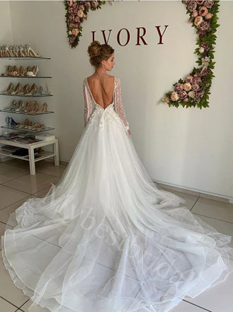 Sexy V-neck Long sleeves Mermaid Lace applique Wedding Dresses,WDY0333