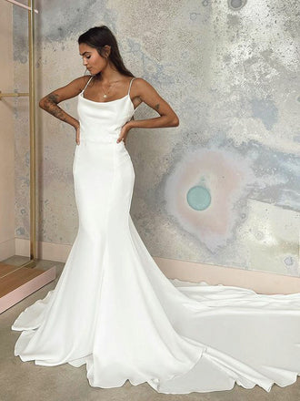 Mermaid Spaghetti Strap Open Back Cheap Long Wedding Dresses, WDS0067