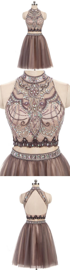 Beading Charming High Neck Open Back Two Pieces Pretty Popular Homecoming Dresses For Teen , BDY0104