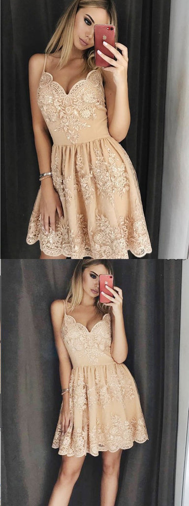 A-Line Spaghetti Straps Beaded Homecoming Dress With Appliques ,Short Prom Dresses,BDY0330