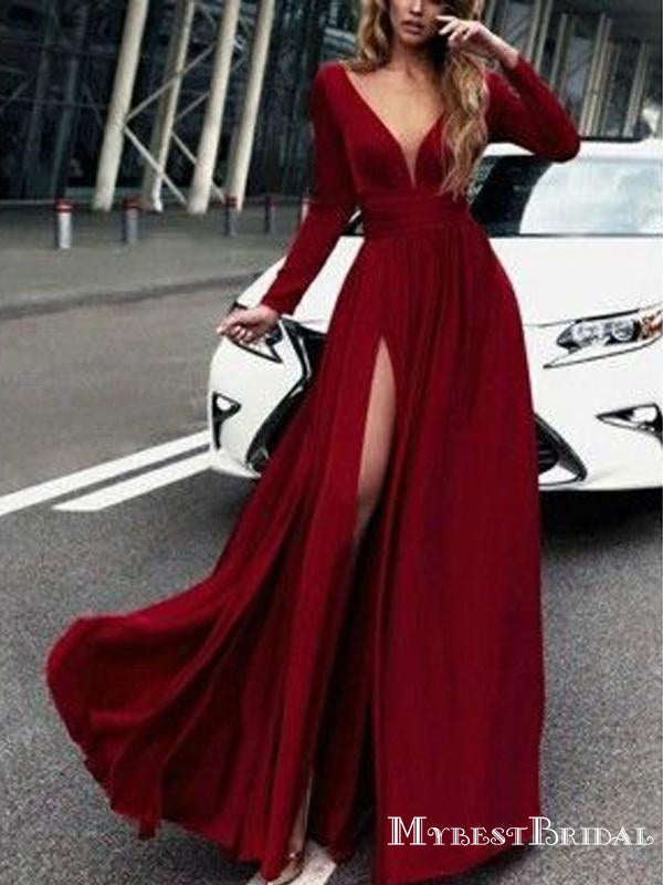 Long Sleeves Dark Red,V Neck Prom Dress With High Slit ,Evening Gowns  ,PDY0176