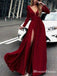 Long Sleeves Dark Red,V Neck Prom Dress With High Slit ,Evening Gowns  ,PDY0176