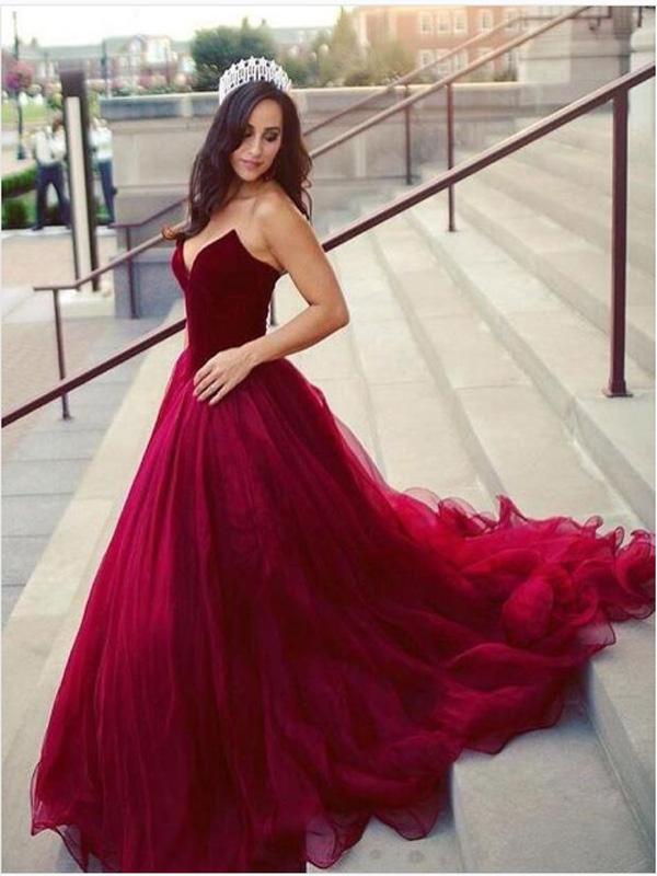 A-line V-neck Dark Red Tulle Prom Dresses,Cheap Prom Dresses,PDY0474