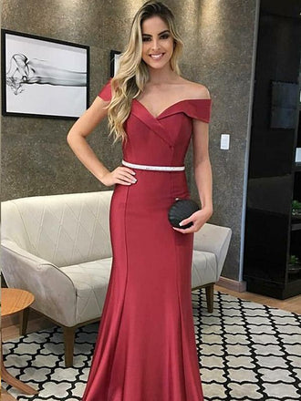 Mermaid Off-the-Shoulder Dark Red Prom Dresses,Cheap Prom Dresses,PDY0546
