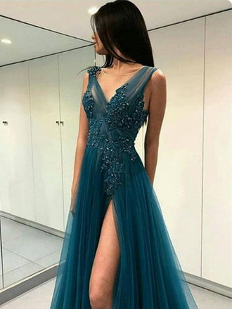 V-neck Emerald_green Lace Long Prom Dresses ,Cheap Prom Dresses,PDY0442