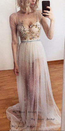 A-line Long Sleeve Ivory Tulle Evening Dresses,Cheap Prom Dresses,PDY0631