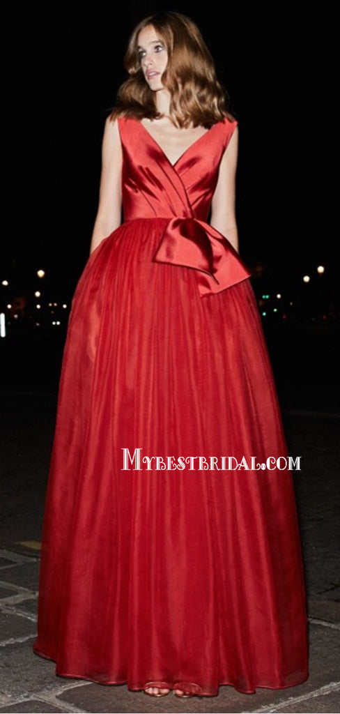 Red V Neck A-line Organza Simple Long Prom Dresses, PDS0186