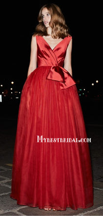 Red V Neck A-line Organza Simple Long Prom Dresses, PDS0186