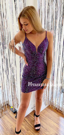Spaghetti Strap Mermaid Sequin Short Homecoming Dresses, HDS0044