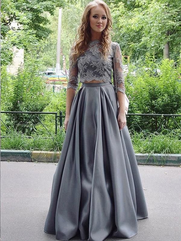 Two Piece Floor-Length Half Sleeves Grey Satin Prom Dresses,Cheap Prom Dresses,PDY0497