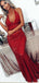 Glamorous Mermaid Deep V Neck Red Sequined Evening Dresses,Cheap Prom Dresses,PDY0564