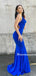 Elegant Mermaid Halter Open Back Blue Long Prom Dresses, PDS0161