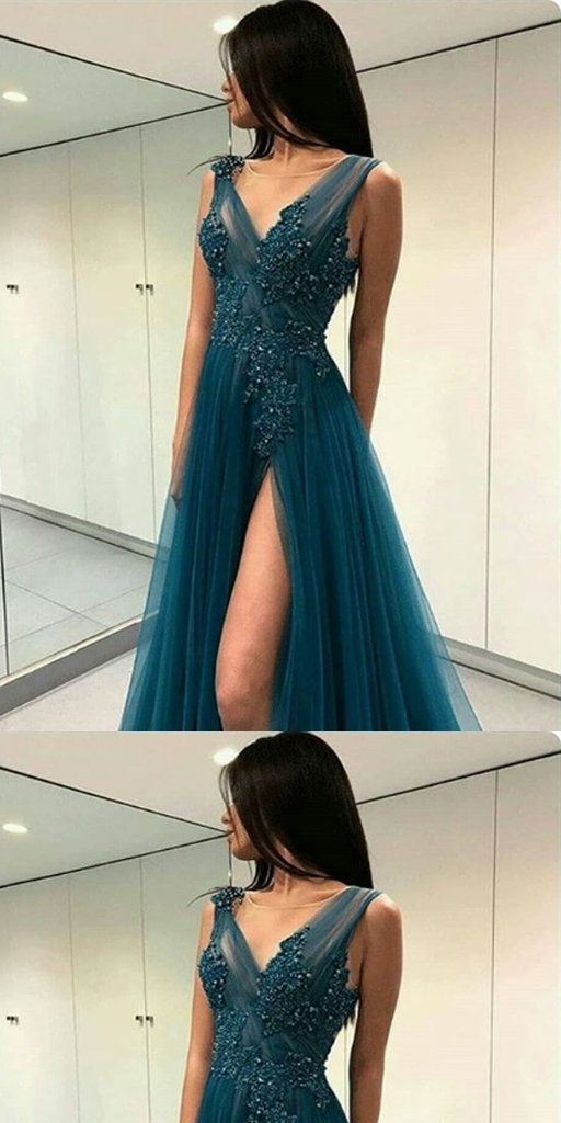 V-neck Emerald_green Lace Long Prom Dresses ,Cheap Prom Dresses,PDY0442