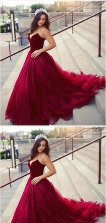 A-line V-neck Dark Red Tulle Prom Dresses,Cheap Prom Dresses,PDY0474
