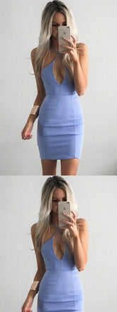 Deep V-neck Halter Purple Satin Short Homecoming Dresses ,BDY0278