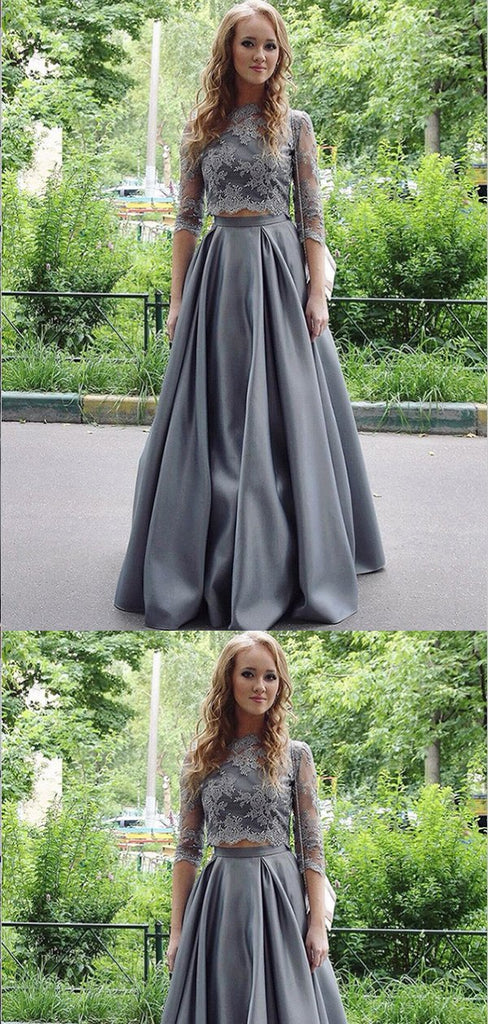 Two Piece Floor-Length Half Sleeves Grey Satin Prom Dresses,Cheap Prom Dresses,PDY0497