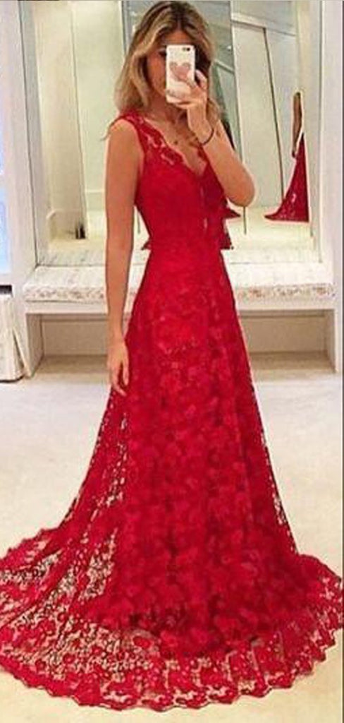 V-neck Red Lace Sleeveless Long A-line Tulle Prom Dresses, BG0273