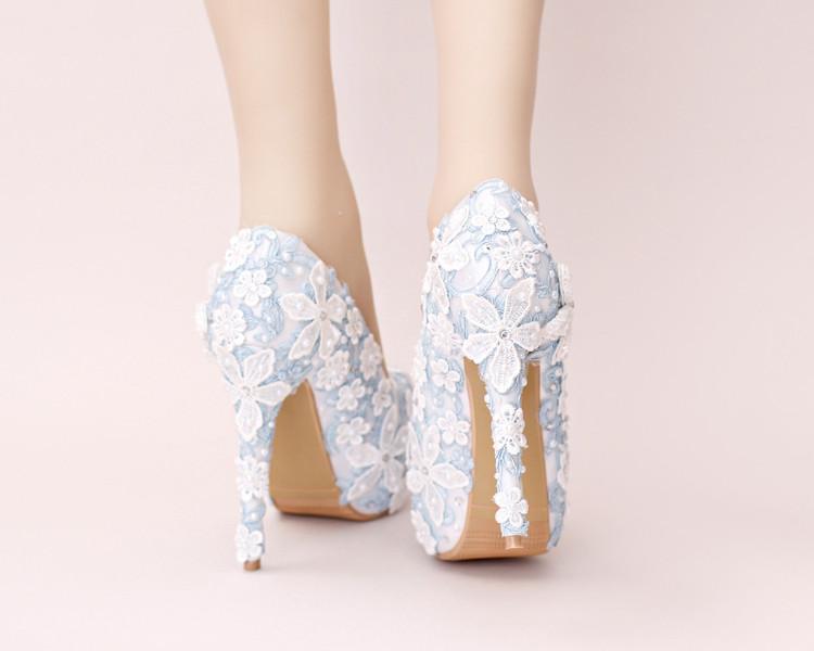 Handmade High Heels Round Toe Blue Lace Crystal Wedding Shoes, SY0111