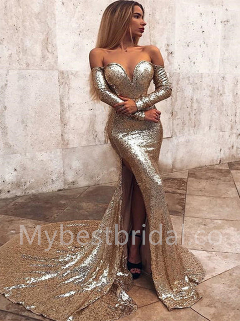 Elegant Off shoulder V-neck Side slit Mermaid Prom Dresses,PDS0554