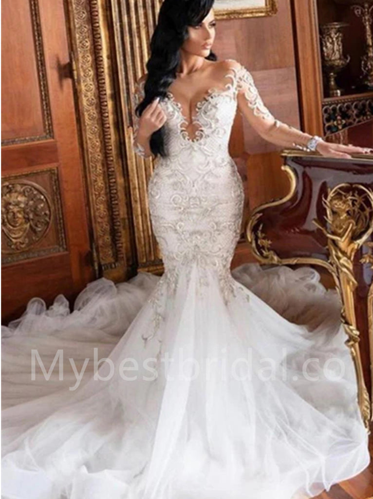 Sexy V-neck Long sleeves Mermaid Lace applique Wedding Dresses, WDY0290