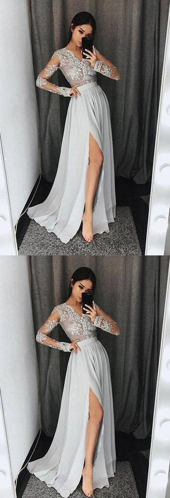 Long Sleeves V-Neck Side Split Silver Long Prom Dresses ,Cheap Prom Dresses,PDY0437