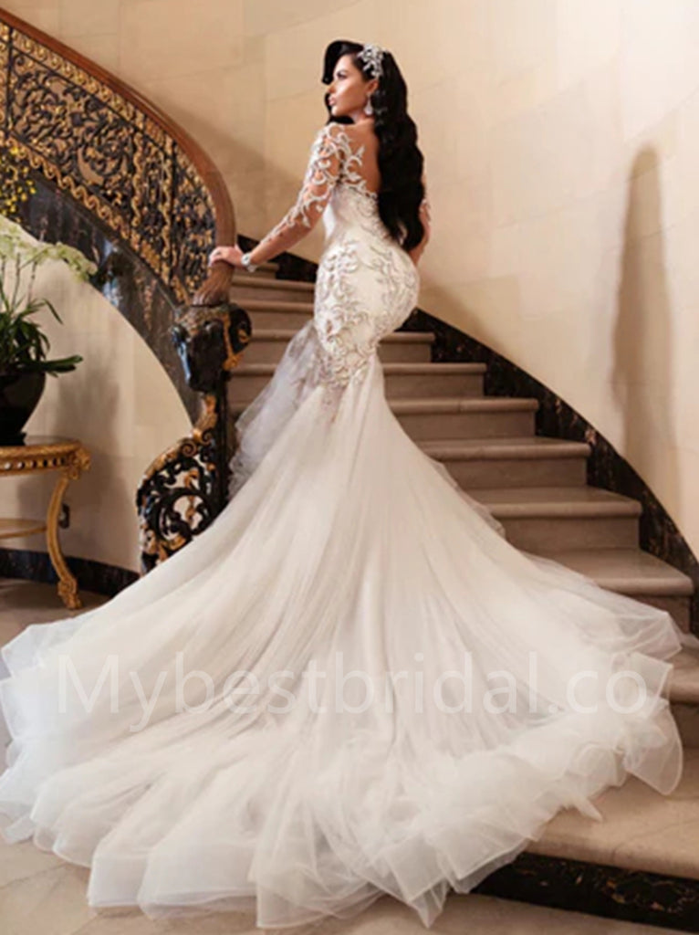Sexy V-neck Long sleeves Mermaid Lace applique Wedding Dresses, WDY0290
