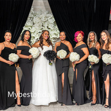 Mismatched Off-shoulder Side slit Elegant Simple Long Bridesmaid Dressess, BDS0274