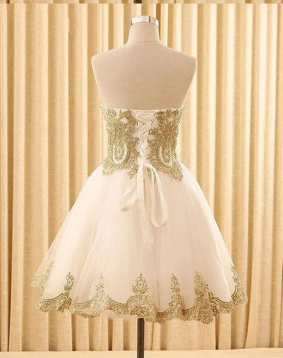 Sweetheart Gold Lace White Tulle Short Cheap Homecoming Dresses Online, BDY0351