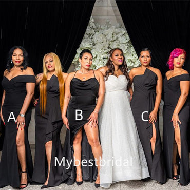 Mismatched Off-shoulder Side slit Elegant Simple Long Bridesmaid Dressess, BDS0274