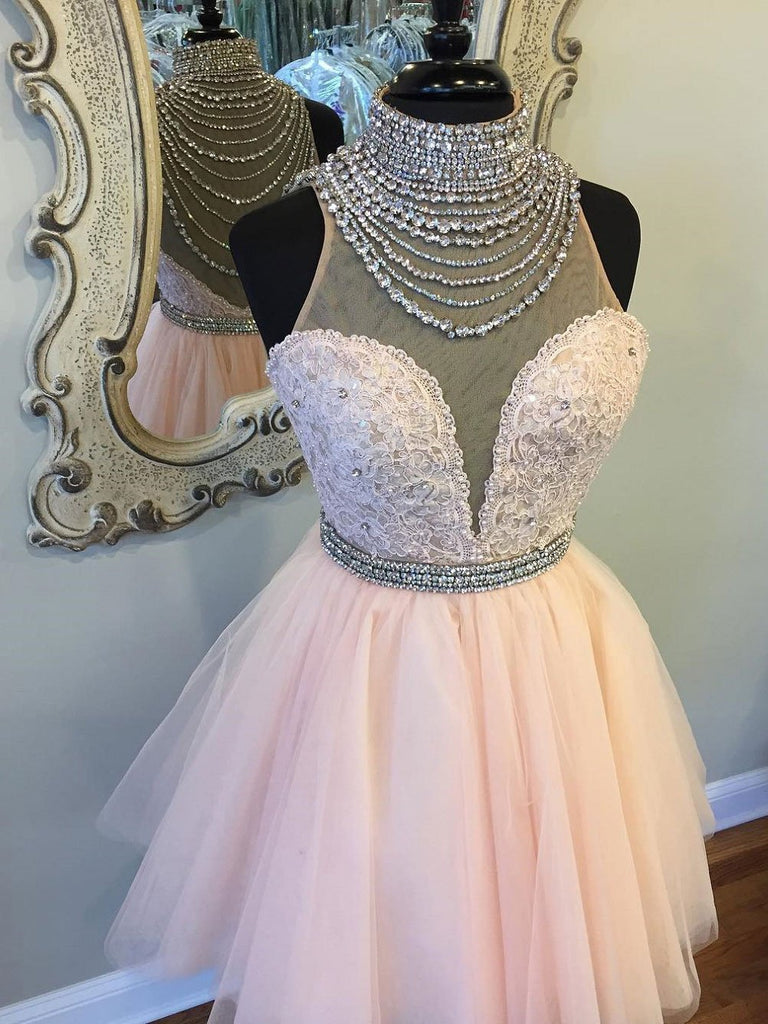 High Neck See Through Rhinestone Cute Pink Homecoming Dresses 2018, BDY0171