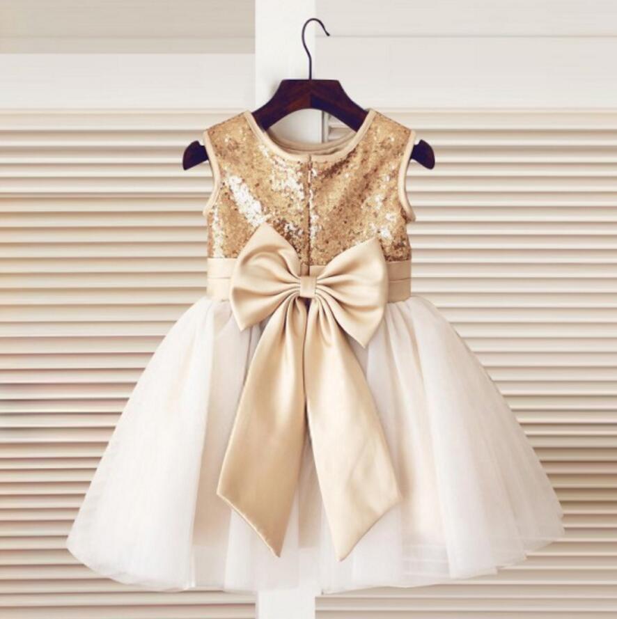 Gold Sequin Simple Cutest  Cheap Soft Pretty Flower Girl Dresses With Bow, FGY0121