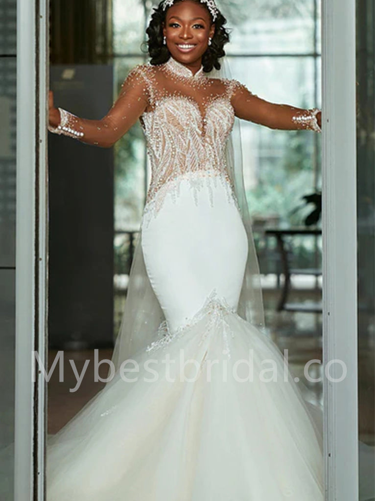 Elegant Long sleeves Mermaid Lace applique Wedding Dresses, WDY0275
