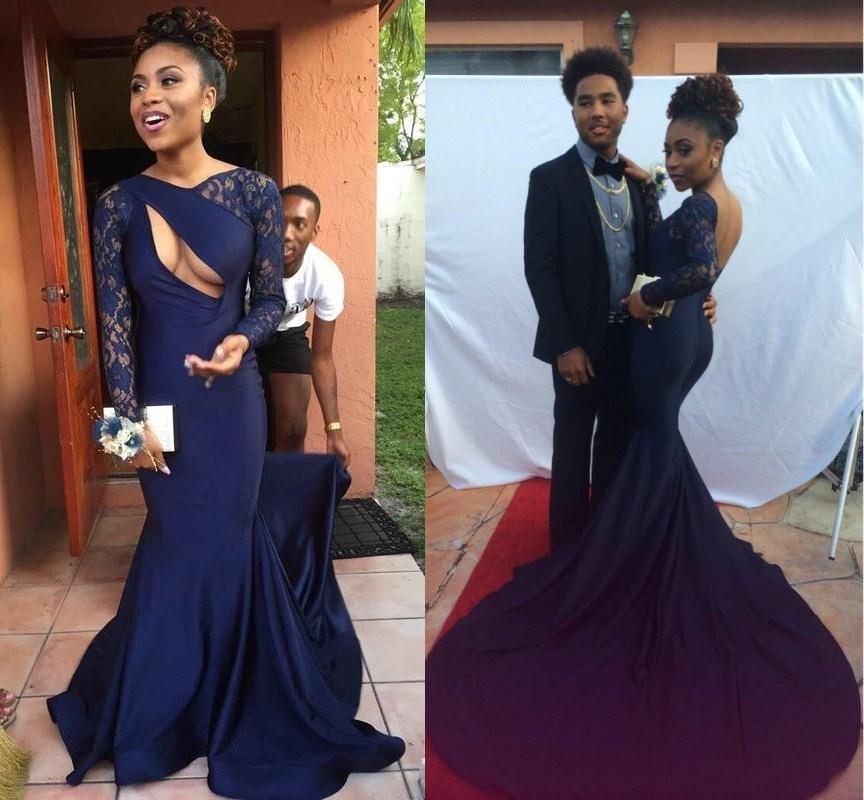 Gorgeous Navy Blue Sexy Backless Long Sleeve Lace Mermaid Long Prom Dresses, BG0009