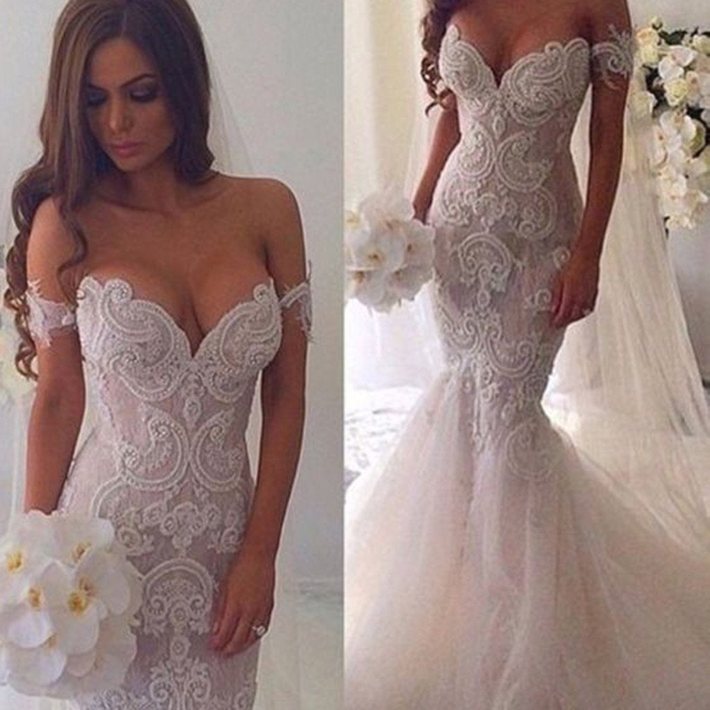 Newest Mermaid Off -Shoulder Lace Tulle White Elegant Formal Lace Charming Wedding Dresses,WDY0158