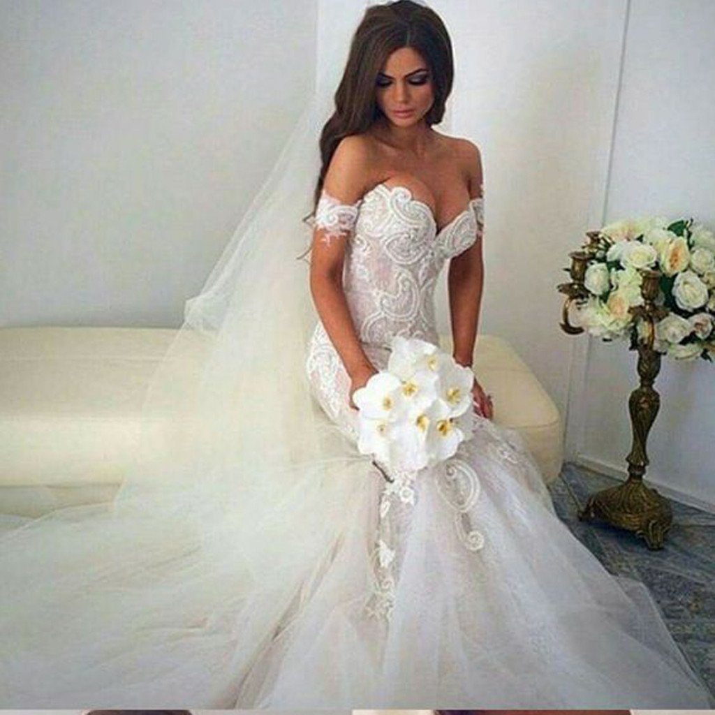 Newest Mermaid Off -Shoulder Lace Tulle White Elegant Formal Lace Charming Wedding Dresses,WDY0158