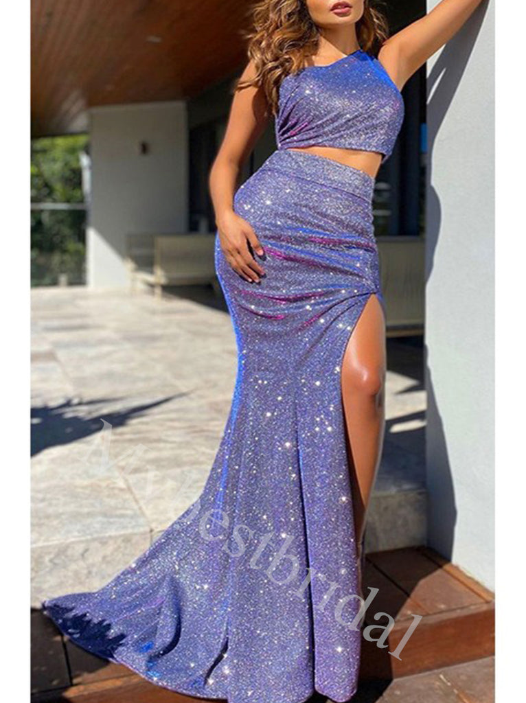 Sexy One shoulder Side slit Mermaid Prom Dresses,PDS0975