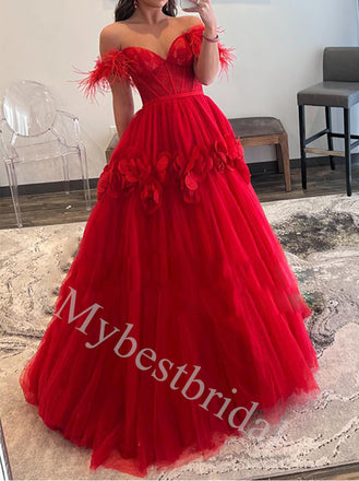 Red Elegant Sweetheart Off shoulder A-line Prom Dresses,PDS0989