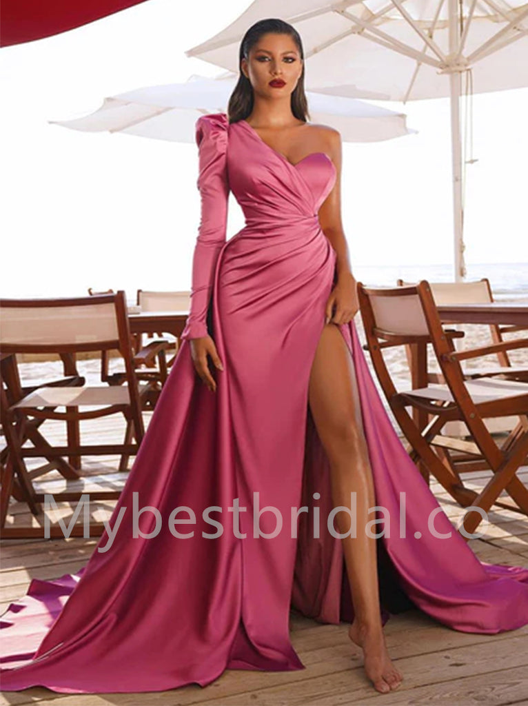 Elegant One shoulder Side slit A-line Prom Dresses, PDS0542