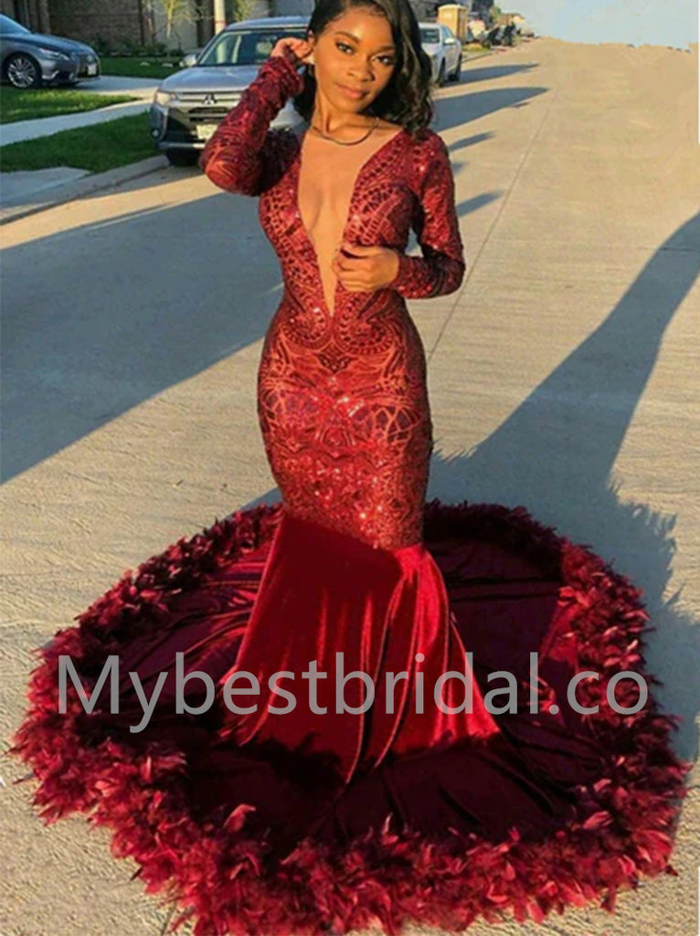 Sexy Deep V-neck Long sleeves  Mermaid Prom Dresses,PDS0558