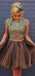 Brown Two Pieces Cap Sleeve Beaded Short Cheap Homecoming Dresses Online, BDY0272