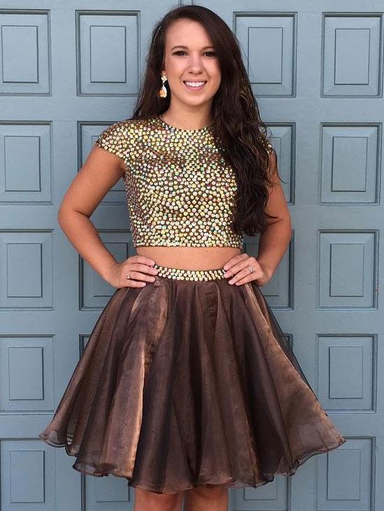 Brown Two Pieces Cap Sleeve Beaded Short Cheap Homecoming Dresses Online, BDY0272
