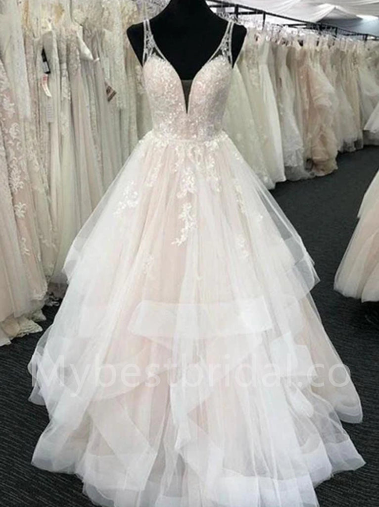 Elegant V-neck Sleeveless A-line lace applique Wedding Dresses, WDY0283
