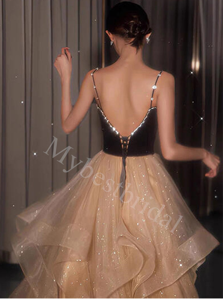 Elegant Spaghetti straps V-neck A-line Prom Dresses,PDS0812