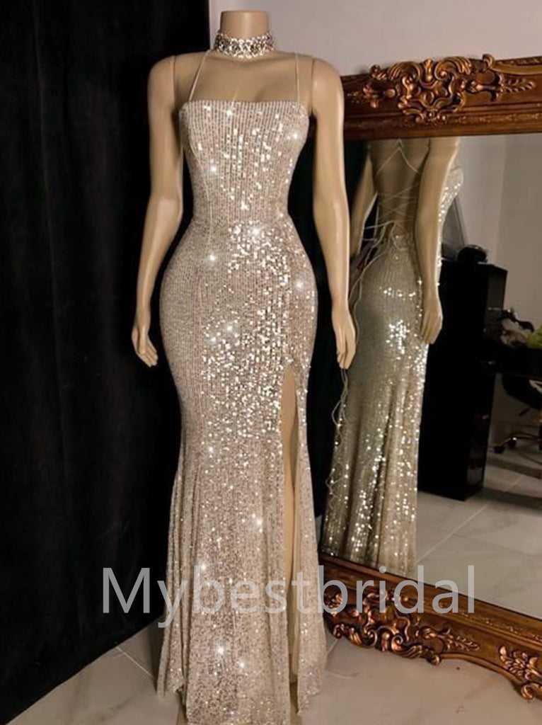 Elegant Square Spaghetti strap Side slit Mermaid Prom Dresses, PDS0425
