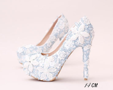 Handmade High Heels Round Toe Blue Lace Crystal Wedding Shoes, SY0111