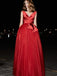 Red V Neck A-line Organza Simple Long Prom Dresses, PDS0186