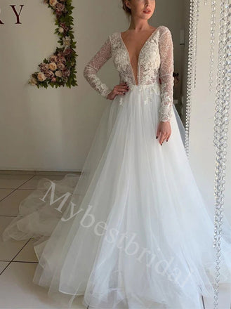 Sexy V-neck Long sleeves Mermaid Lace applique Wedding Dresses,WDY0333